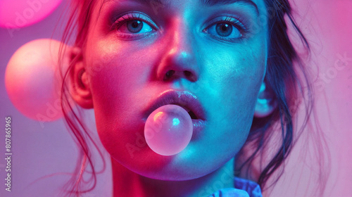 A young woman blowing a bubble with bubble gum against a vivid neon background