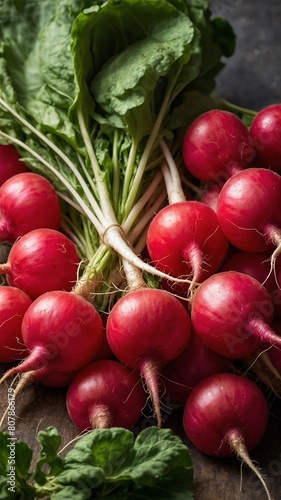 Collection of fresh radishes, exhibiting vibrant red hue, displayed on dark surface. Radishes, with their lush green leaves, white roots, intertwined, suggesting recent harvest.