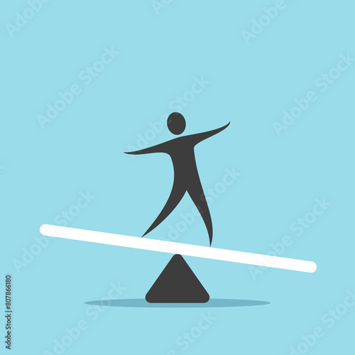 Man balancing on seesaw weight scale. Challenge, crisis, courage, risk management, equilibrium, life control, confidence, problem, emotion and calmness concept. EPS 8 vector illustration