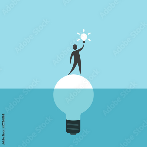 Man with light bulb on island. Creativity, innovation, success, ingenuity, problem, insight, opportunity, persistence and adversity concept. EPS 8 vector illustration, no transparency, no gradients