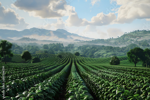 A panoramic view of lush coffee plantations  showcasing rows of vibrant coffee trees against a backdrop of rolling hills and clear blue skies.