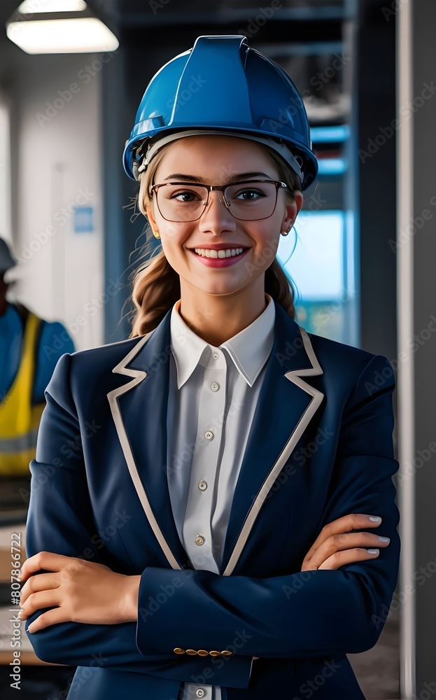 Female architect in office, dressed professionally in a white shirt with a collar and a dark-colored blazer. Female architect in office, dressed professionally in a white shirt with a collar and a dark-colored blazer.