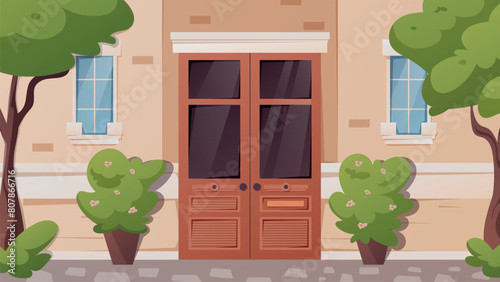 The facade of the building is in a classic style with a double entrance door and windows. Brick wall, trees and decorative bushes. Vector cartoon horizontal illustration.