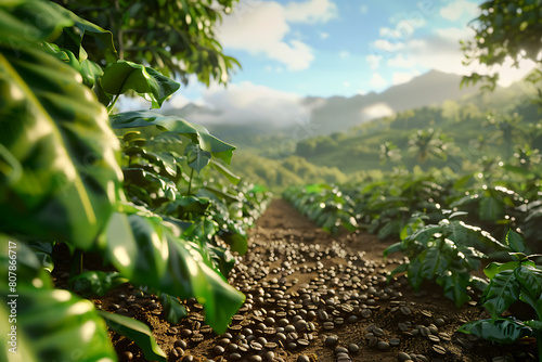 A panoramic view of lush coffee plantations, showcasing rows of vibrant coffee trees against a backdrop of rolling hills and clear blue skies.