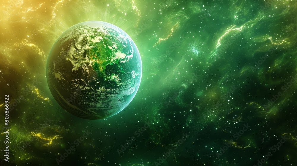 Futuristic Earth glowing with networks of sustainable green energy, showcasing an eco-friendly future