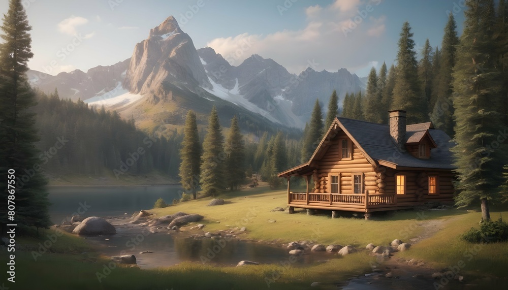 A mountain landscape with a cozy log cabin nestled upscaled 3
