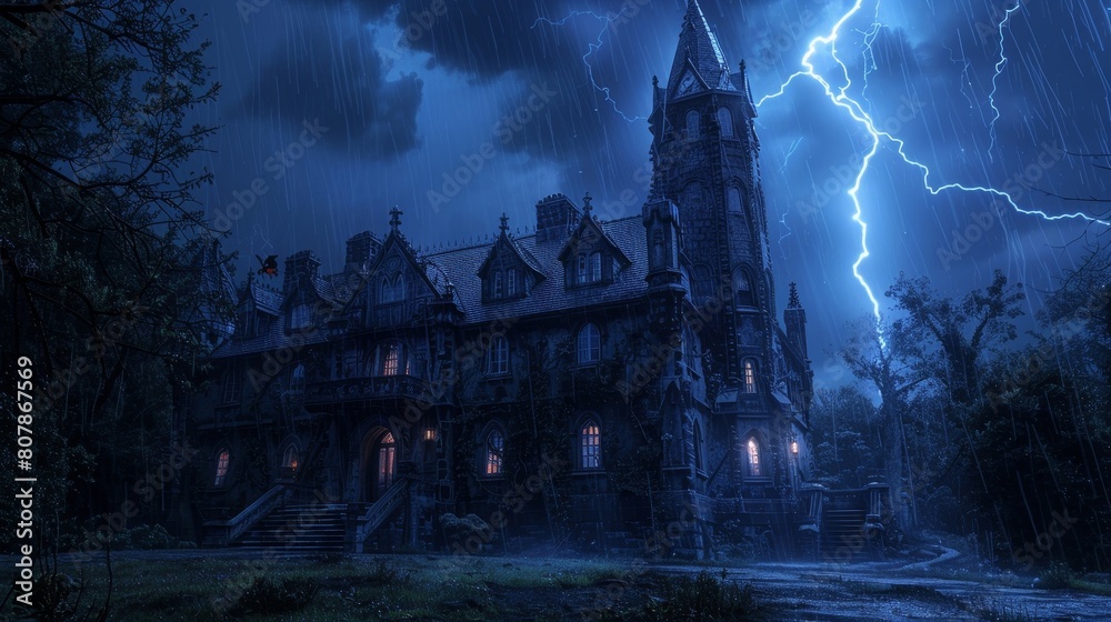 gothic mansion revealed by lightning on a dark, stormy night