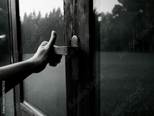 Generated image, a hand is holding the door handle of an outdoor wooden cabin, the cabin has glass windows and doors covered with sandpaper, blackandwhite photograph, 35mm film grain photo