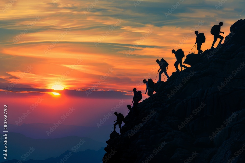 A mid-distance shot of a hiker reaching the summit of a mountain at dawn, celebrating personal achievement and the great outdoors.. Beautiful simple AI generated image in 4K, unique.