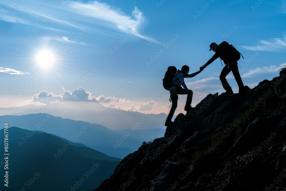 Happy hiker on mountain top - celebrating success - young man climbing to fulfill life. Beautiful simple AI generated image in 4K, unique.