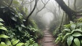 A rugged jungle path veiled in mist and overhung w upscaled 3