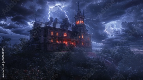 haunted mansion atop a hill, lit by lightning in a stormy night photo