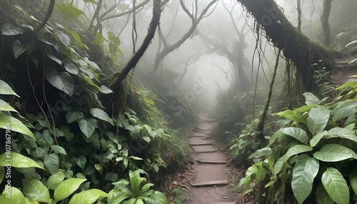 A rugged jungle path veiled in mist and overhung w upscaled 3 photo