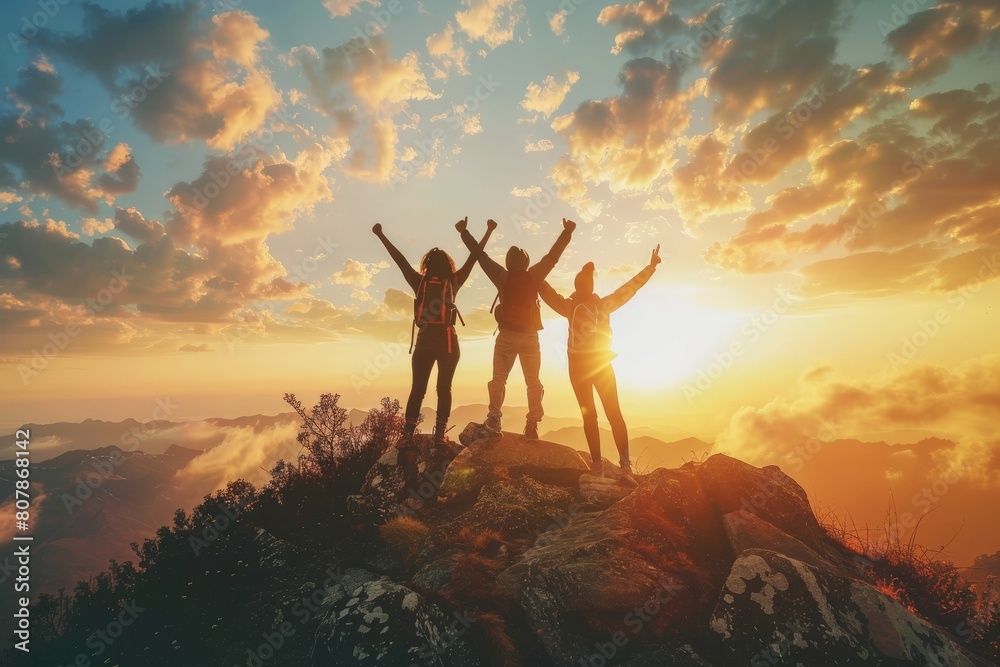 Happy man with arms up jumping on the top of the beautiful mountain - Successful hiker celebrating success on the cliff. Beautiful simple AI generated image in 4K, unique. Happy man with arms up jumping on the top of the beautiful mountain - Successful hiker celebrating success on the cliff. Beautiful simple AI generated image in 4K, unique.