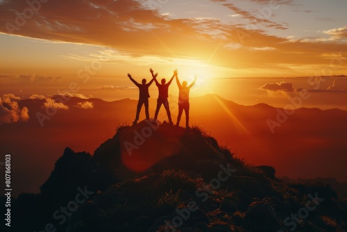 Happy hiker on mountain top - celebrating success - young man climbing to fulfill life. Beautiful simple AI generated image in 4K, unique. photo