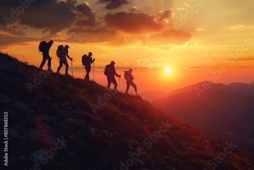 A mid-distance shot of a hiker reaching the summit of a mountain at dawn, celebrating personal achievement and the great outdoors.. Beautiful simple AI generated image in 4K, unique. © ArtSpree