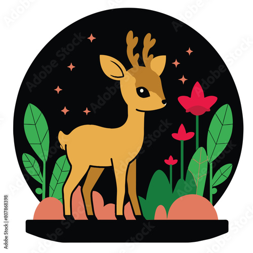 A baby deer stands in the center of a dense forest, surrounded by towering trees and undergrowth. Generative AI
