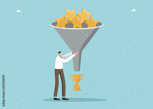 Leadership qualities in achieving business goals, intelligence or motivation for success or high results, accuracy in setting goals to defeat competitors, man using funnel of stars makes winning cup.