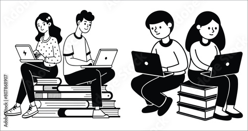 Four individuals, two men, and two woman, sitting on a stack of books while using laptops. Generative AI