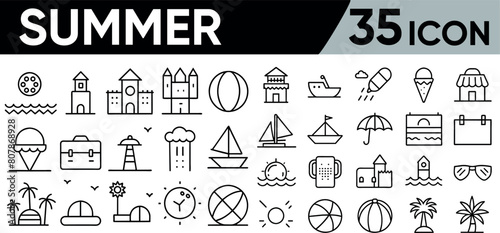 Set of line icons in linear style. Series - Summer and summer holidays. Travel and tourism. Vacation at the hotel, on the sea and on the beach. Outline icon collection.