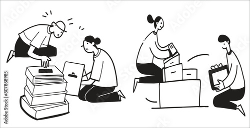 A black and white drawing depicting a group of men and women working together and working on education project. Generative AI