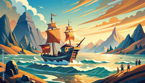 A colorful illustration of a pirate ship sailing through the vast ocean. Generative AI