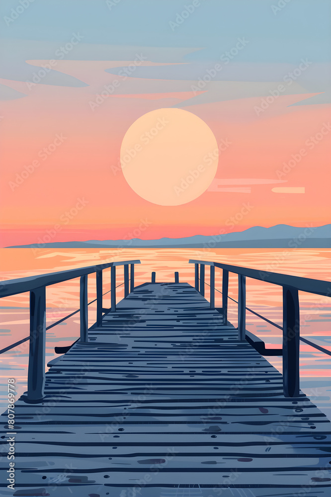 Obraz premium Sunset Seascape with Pier in Flat Color