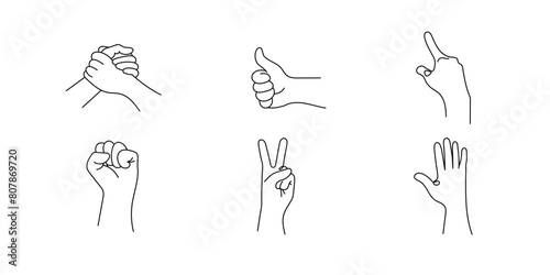 Set of realistic one line gestures. Graphic logo design with black line strokes on a white background. Vector graphic. Hand gestures