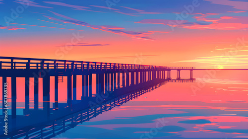 Sunset Seascape with Pier in Flat Color