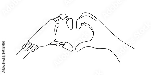 Love sign: robot and human sketch, outline illustration of robot and human lovers, robot and human love gesture. The concept of interaction