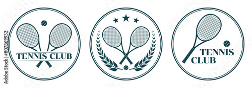 Tennis club logo, icon or badge set with crossed rackets and tennis ball. Sport symbol design. Vector illustration.