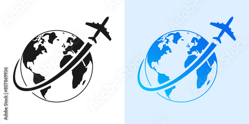 Plane with earth or globe icon. Travel around the world by airplane logo concept. Vector illustration.