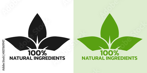 Natural ingredients icon or label with leaf. 100% natural logo or badge. Vector illustration.