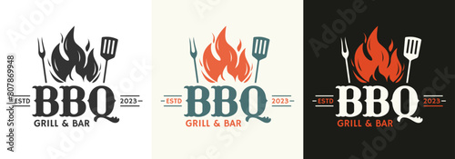 BBQ logo or icon. Grill, barbecue design with fire flame, fork and spatula. Meat restaurant symbol. Vector illustration.
