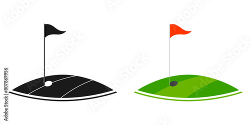 Golf icon or logo with flag on the grass and golf hole. Vector illustration.