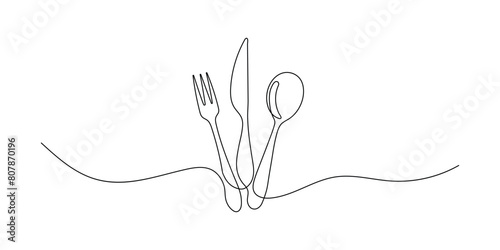 Set in continuous line drawing style of spoon, fork, steak knife line art decorative healthy food. Vector graphics.