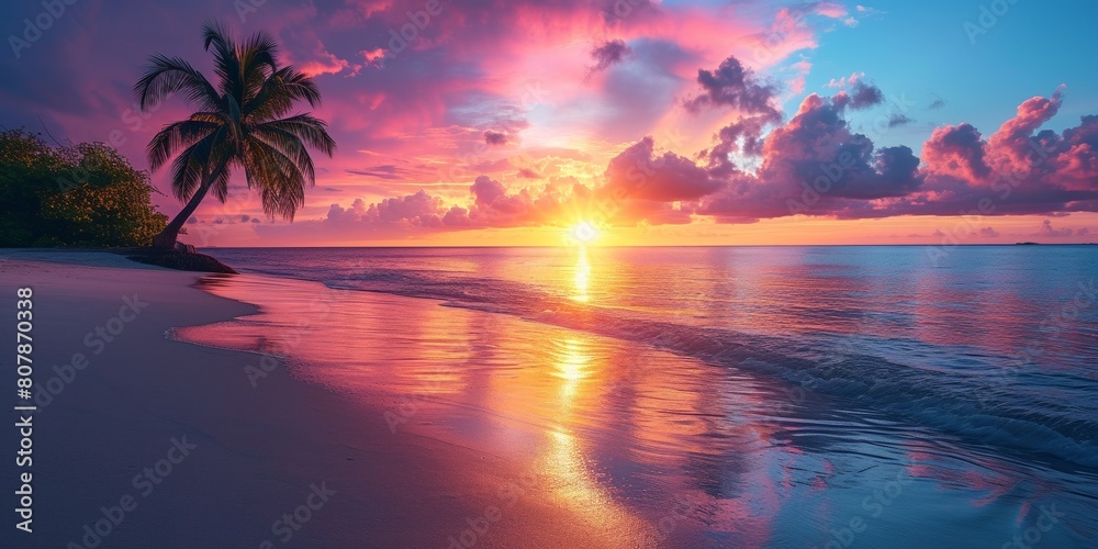 At the beach, the sunset transforms the sky into a canvas of vibrant colors, casting a golden glow over the tranquil sea and palm trees.