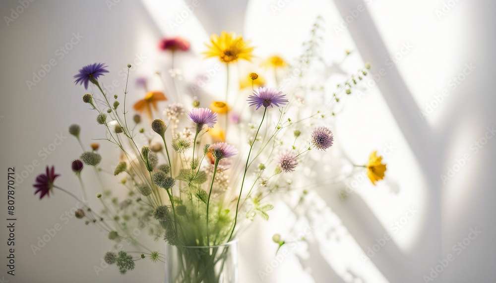 bouquet of fresh wildflowers on a white wall background, sunlight coming through the glass
