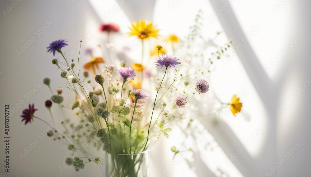 bouquet of fresh wildflowers on a white wall background, sunlight coming through the glass
bouquet of fresh wildflowers on a white wall background, sunlight coming through the glass