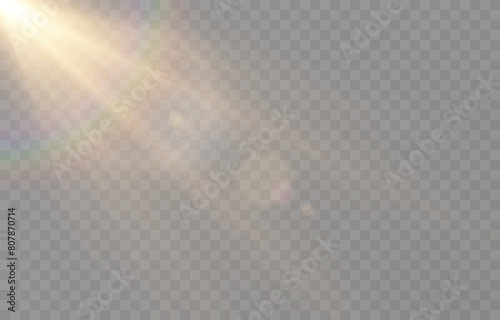 Vector realistic light on isolated transparent background. Light with glare png. Dawn, sunset, sun png. Flash of light, light effect.