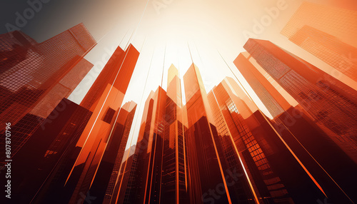 A cityscape with tall buildings and a bright sun in the sky photo
