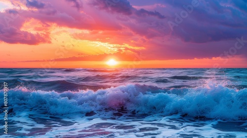 Amazing sunset over the ocean. Pink, blue and yellow colors of the sky and the sea.