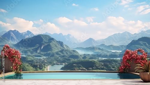 A large pool with mountains in the background
