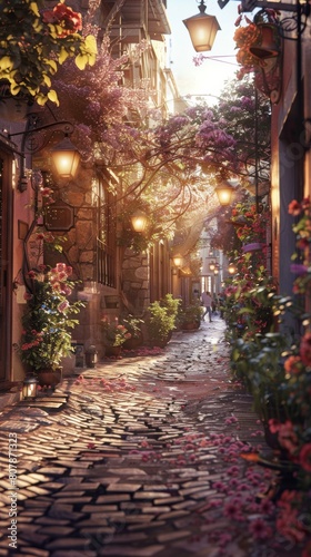 Charming narrow street with cobblestone pavement  street lamps and flowers in pots.