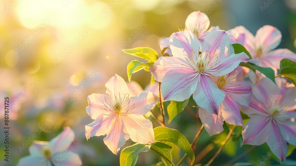 Pink clematis flowers in full bloom under the warm sunlight Pink clematis flowers in full bloom under the warm sunlight