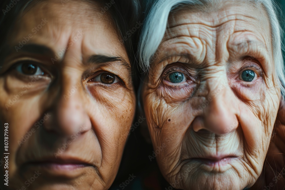 Older woman with wrinkles and wrinkles on face next to younger woman Older woman with wrinkles and wrinkles on face next to younger woman