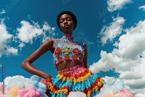Young black woman wearing multicolored crocheted top and airy skirt, unusual collage photo with clouds, fashion magazine cover style, AI generated image