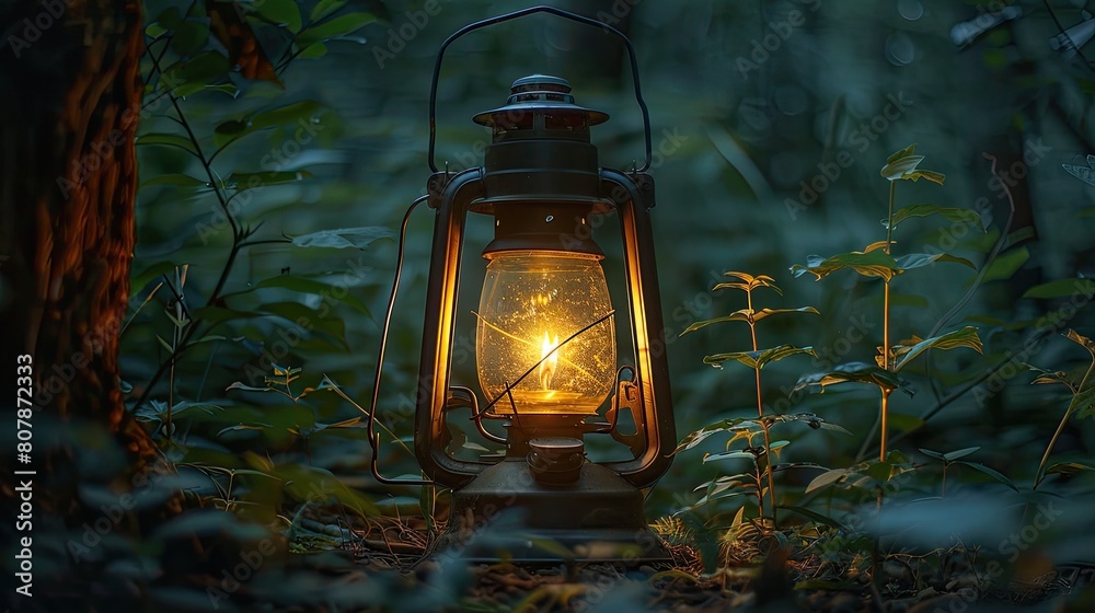 A lantern is lit in a forest