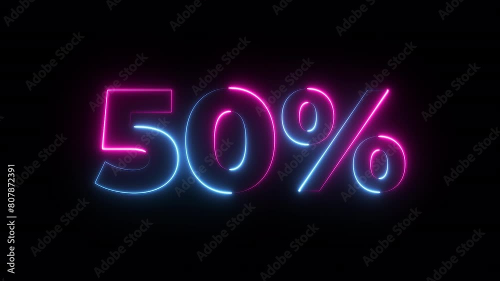 50 percent neon glowing sign on black background loop animation. 4k video text Animated 50 percent neon glowing sign on black background loop animation. 4k video text Animated