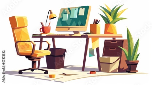 The office interior is illustrated on a white background with a desk, computer, armchair, task cards glued to the monitor, a coffee cup and potted plant, and a wastepaper basket. photo